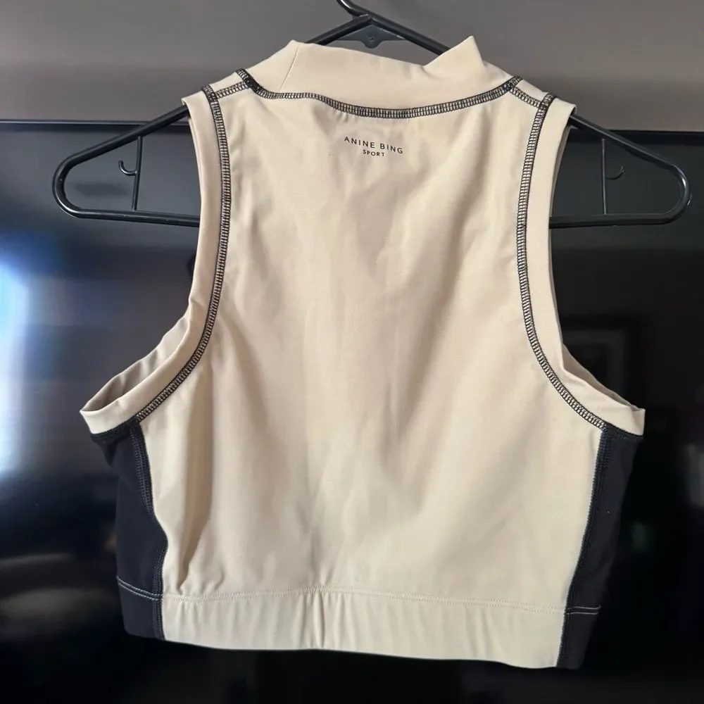 Anine Bing Jenna Sports Bra Tan Black Mock High Neck Sporty New Size Large